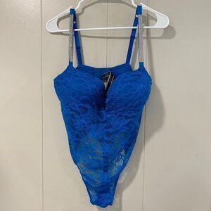 Victoria’s Secret Blue Lace Rhinestone Strap Bodysuit XL Sexy Sheer One Piece Li